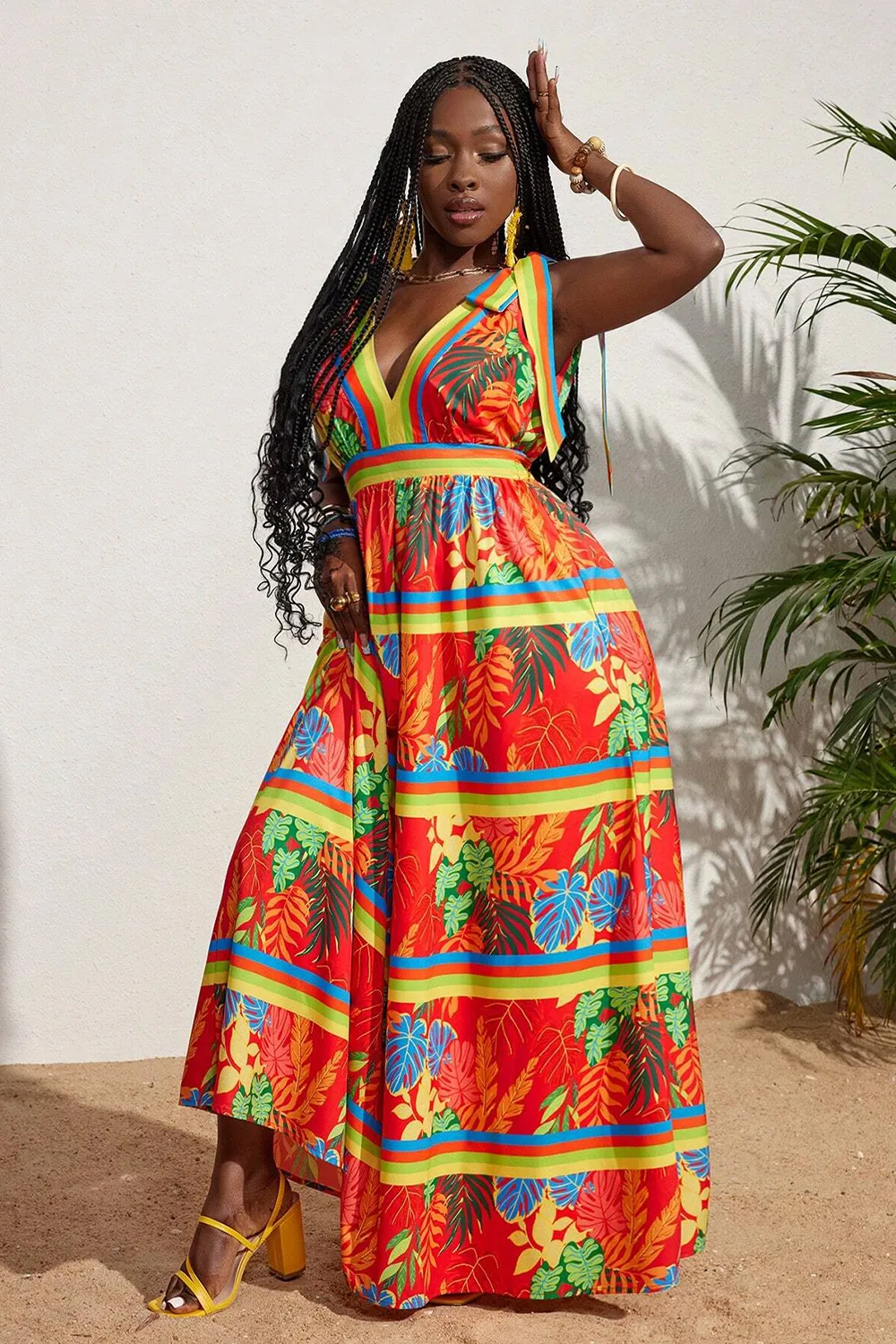 Tropical Printed V-neck Waist Tied Dress