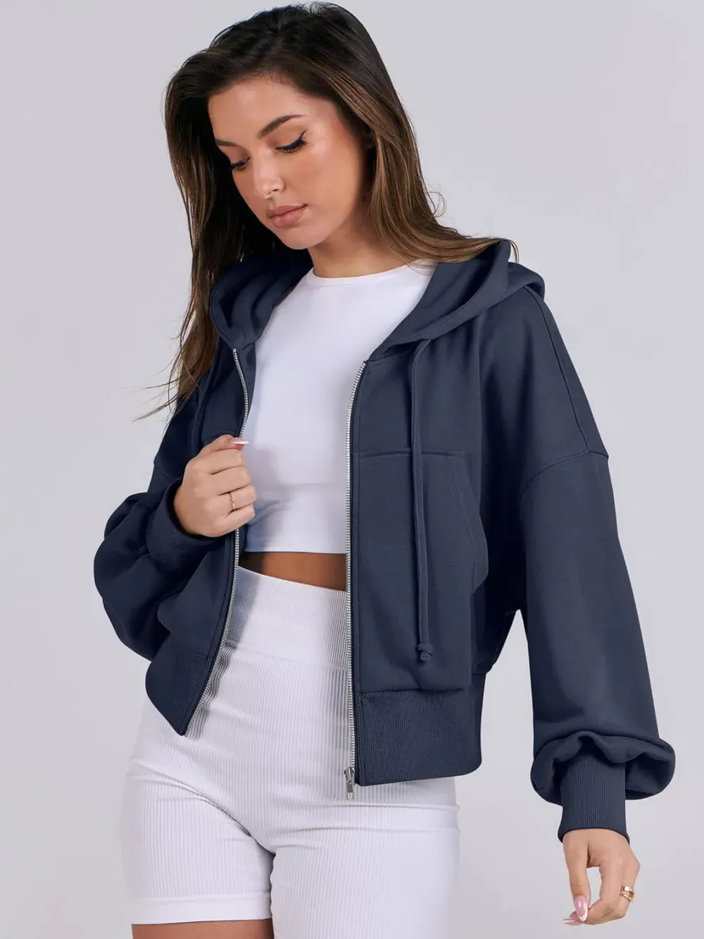 Women's Zip Up Hoodies Cropped Sweatshirts Full Zip Jackets Casual Fashion Fall Outfits Winter Clothes