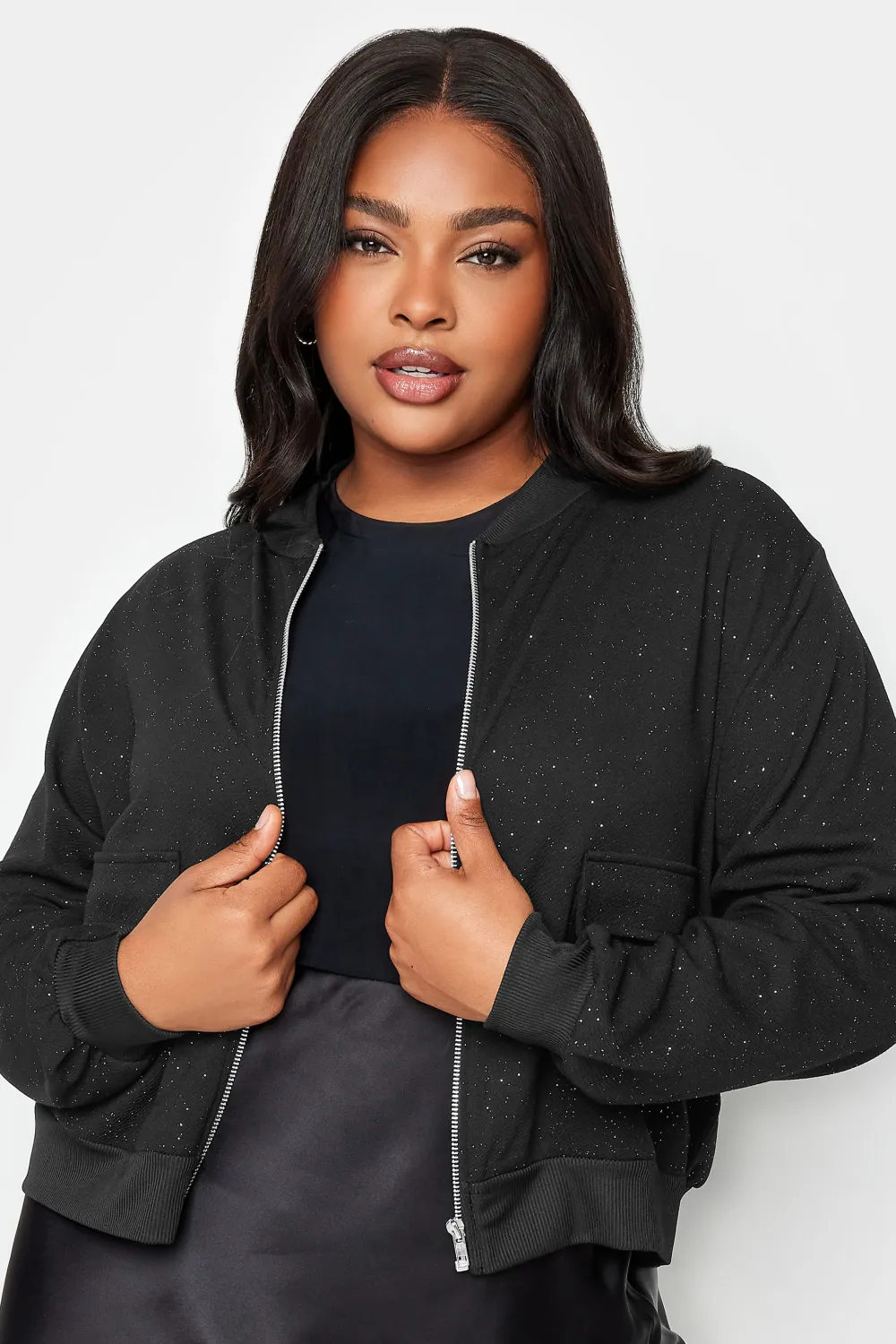 YOURS Curve Black Glitter Formal Bomber Jacket