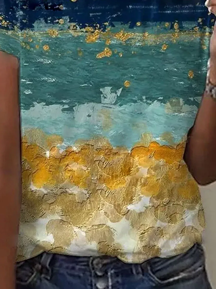 Round Neck Print Gradient Loose Short-sleeved T-shirt