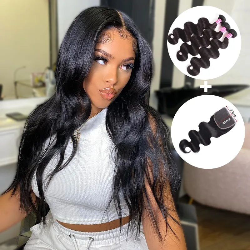 Sterly Body Wave Human Hair Bundles With  5x5 Lace Closure Remy Human Hair Bundles With Closure Frontal