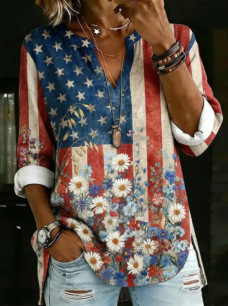 Women's Nashville Patriotic Floral Stars Stripes Printed V-neck Top