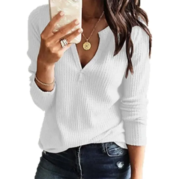 Autumn V-neck Long Sleeve Solid Splice Sweater