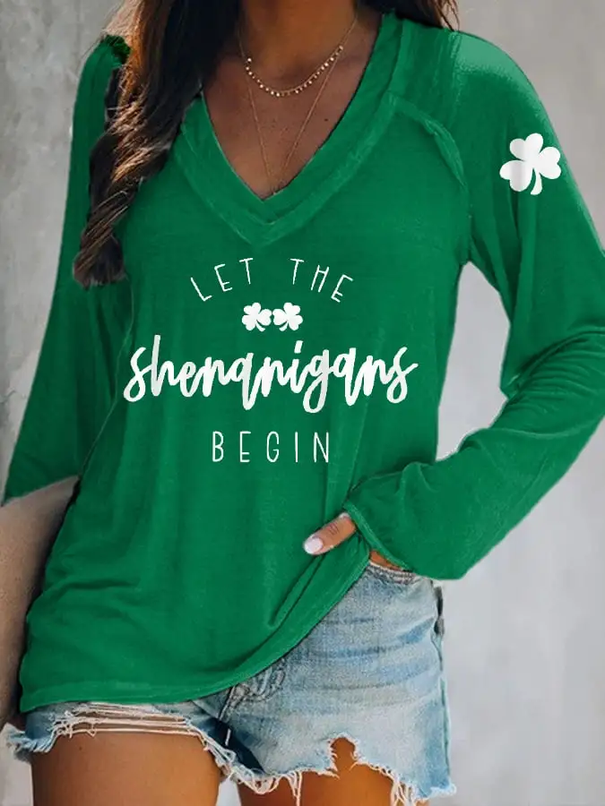 Women's Funny St. Patrick's Day Let The Shenanigans Begin Shamrock Print Casual Long-Sleeve Top