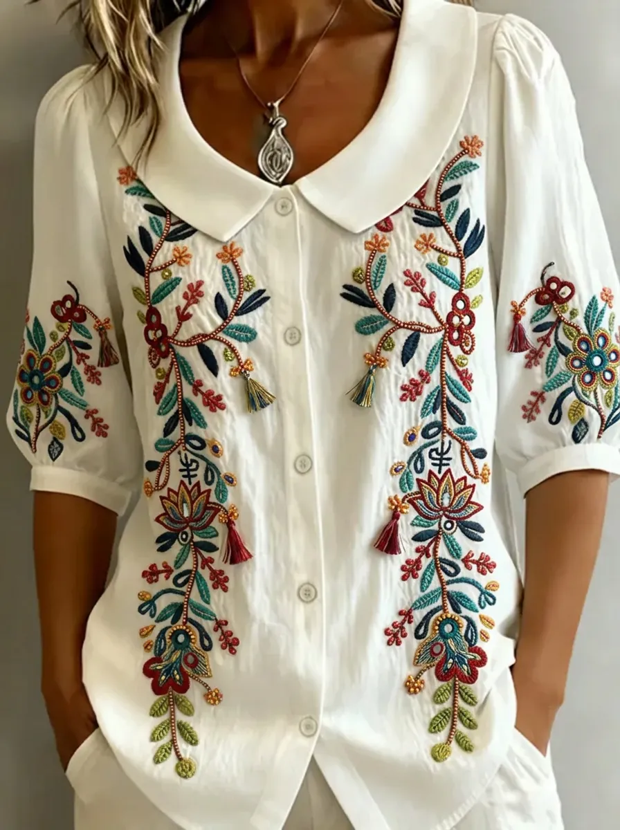 Women's Nashville Floral Embroidery Printed Button-Down Shirt