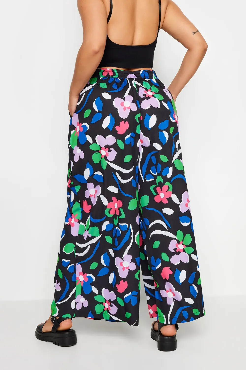 Yours Curve Black Leaf Print Drawstring Wide Leg Trousers