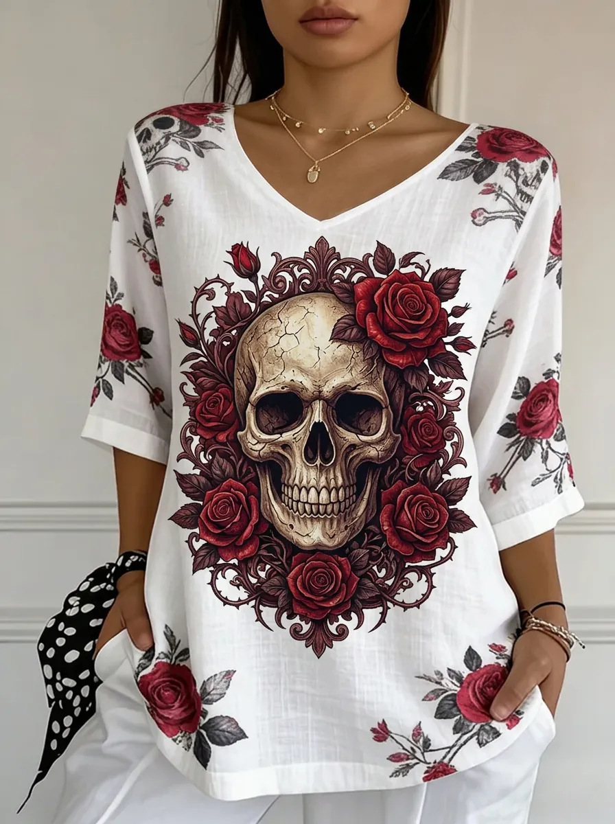 Women's Nashville Gothic Skull Red Rose Printed V-neck Top
