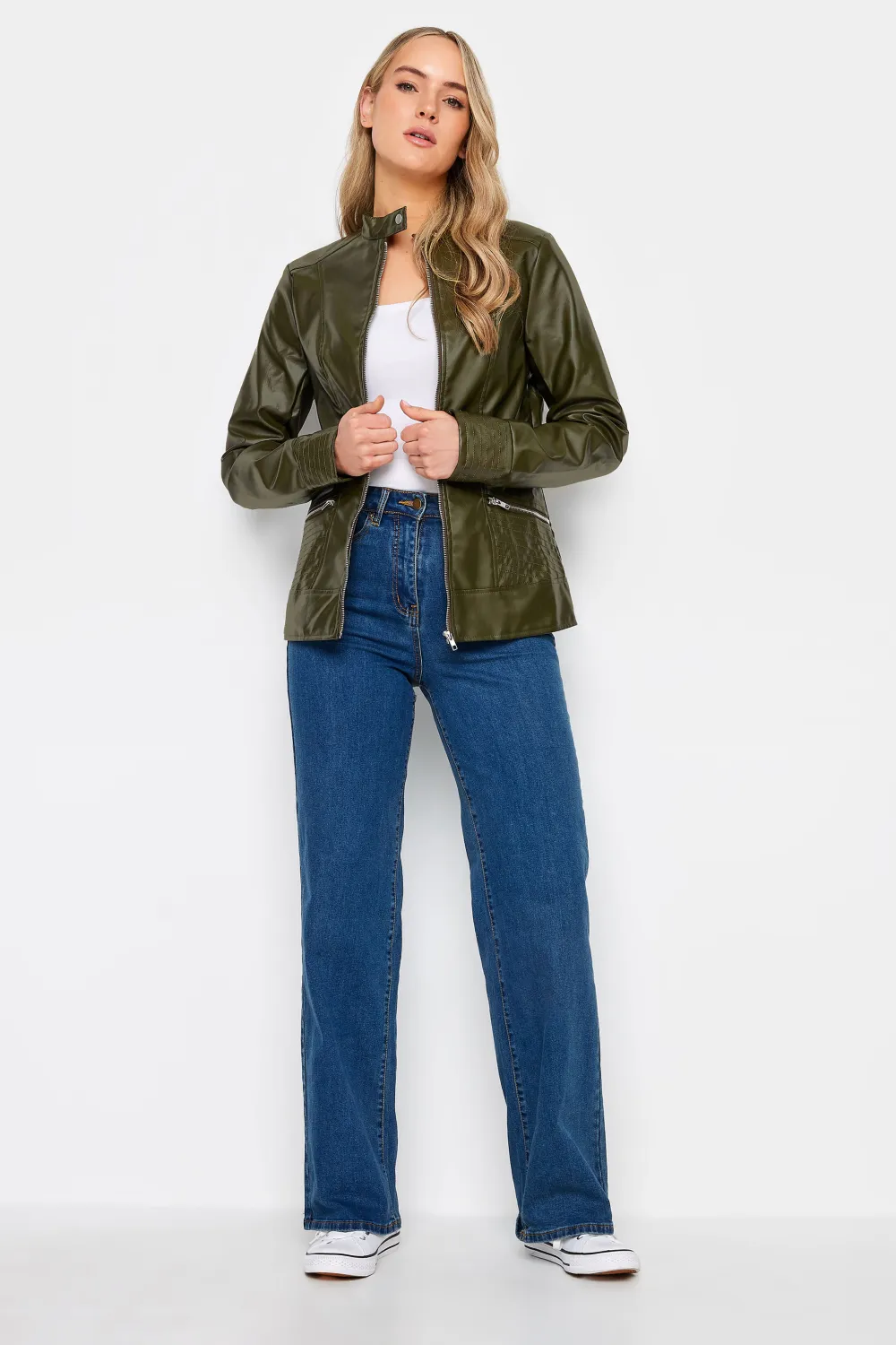 LTS Tall Khaki Green Faux Leather Funnel Neck Jacket