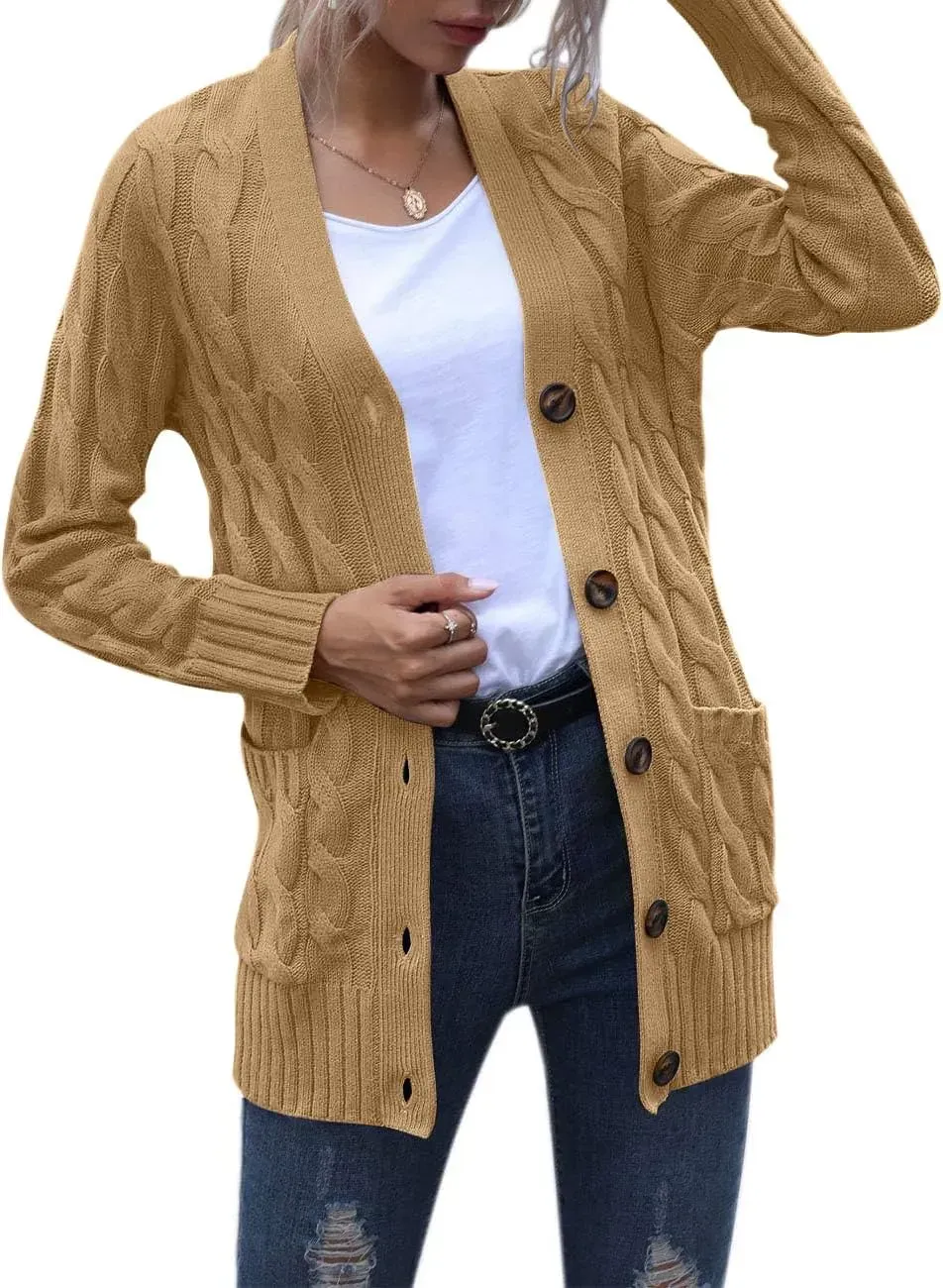 MEROKEETY Women's 2024 Fall Long Sleeve Cable Knit Sweater Open Front Cardigan Button Loose Outerwear