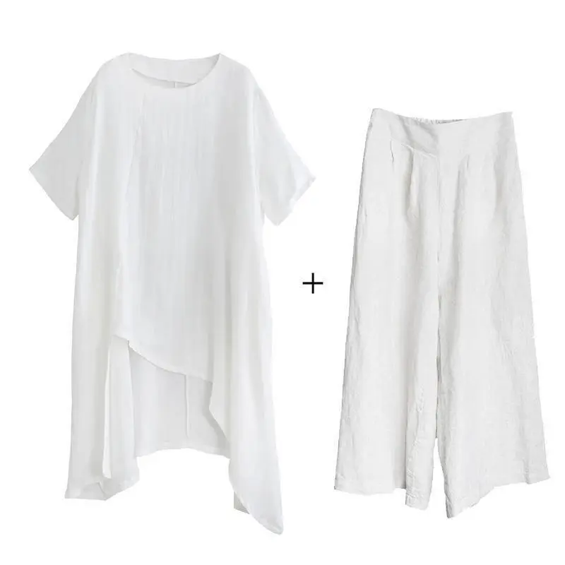 Original large size irregular cotton and linen suit female long section was thin white shirt wild wide-leg pants