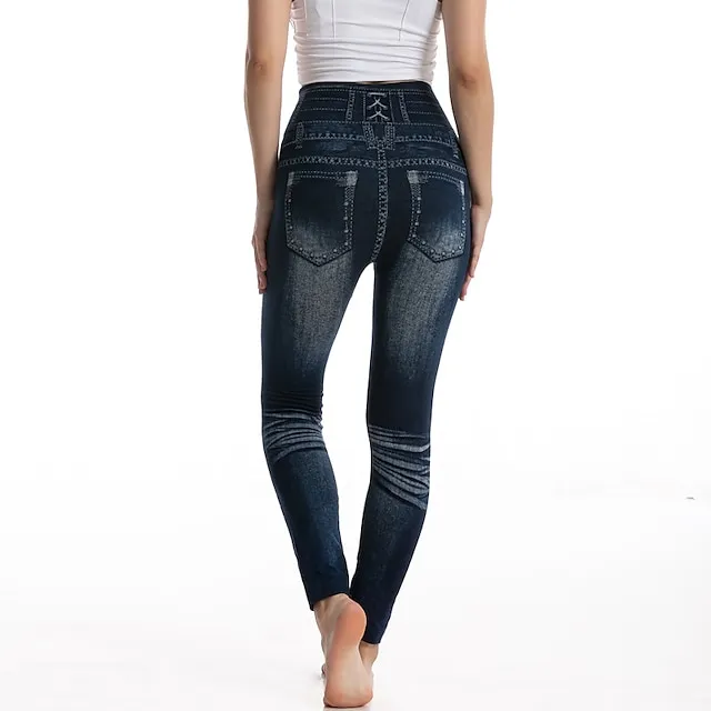 Women's Tights Pants Trousers Full Length Faux Denim Stretchy High Waist Fashion Casual Weekend Black Blue S M
