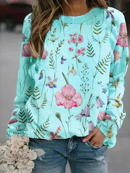 Floral Crew Neck Long Sleeves Sweatshirts