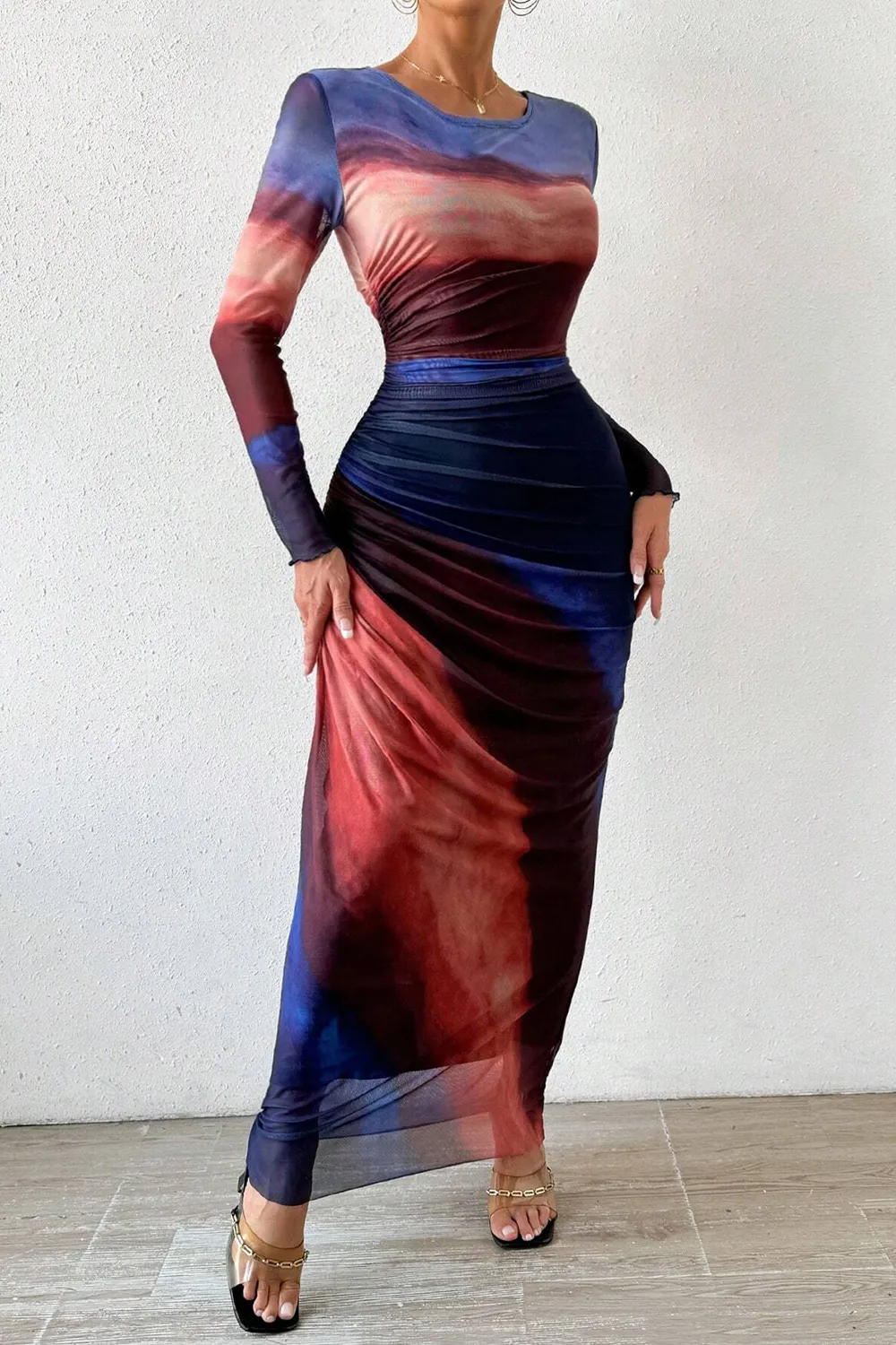 Women's Tie Dye Long Sleeve Pleated Dress