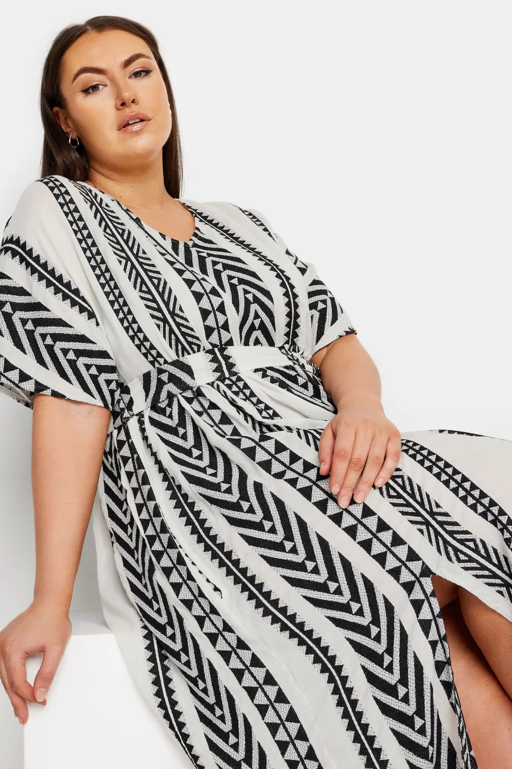 YOURS Curve Black & White Aztec Print Embroidered Maxi Dress