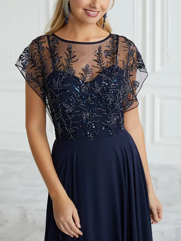 Round neck lace short-sleeve printed maxi dress