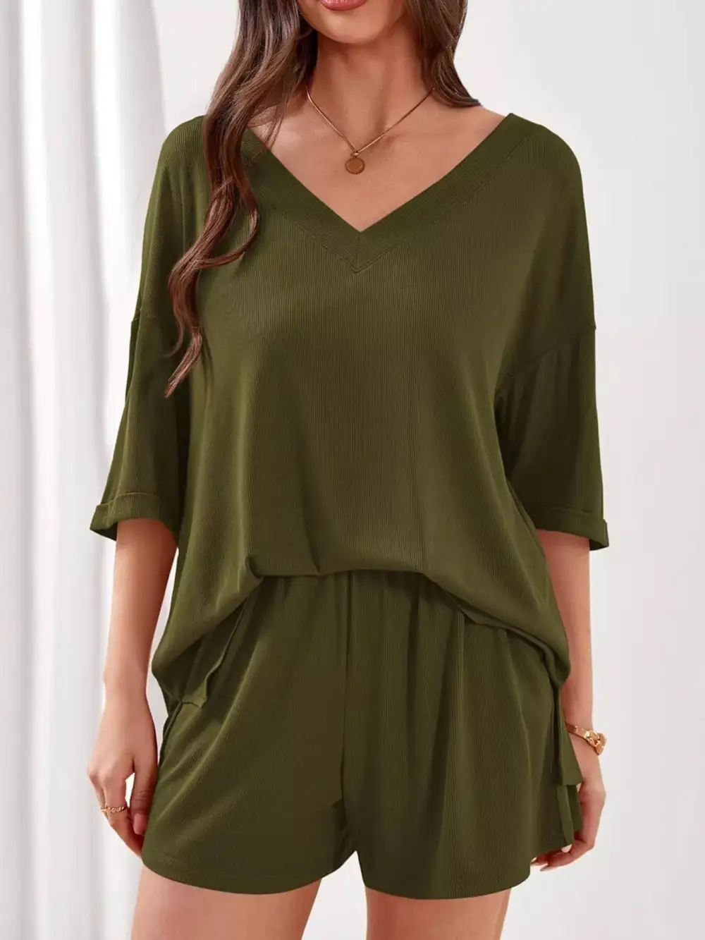 Casual V Neck Top Shorts Set