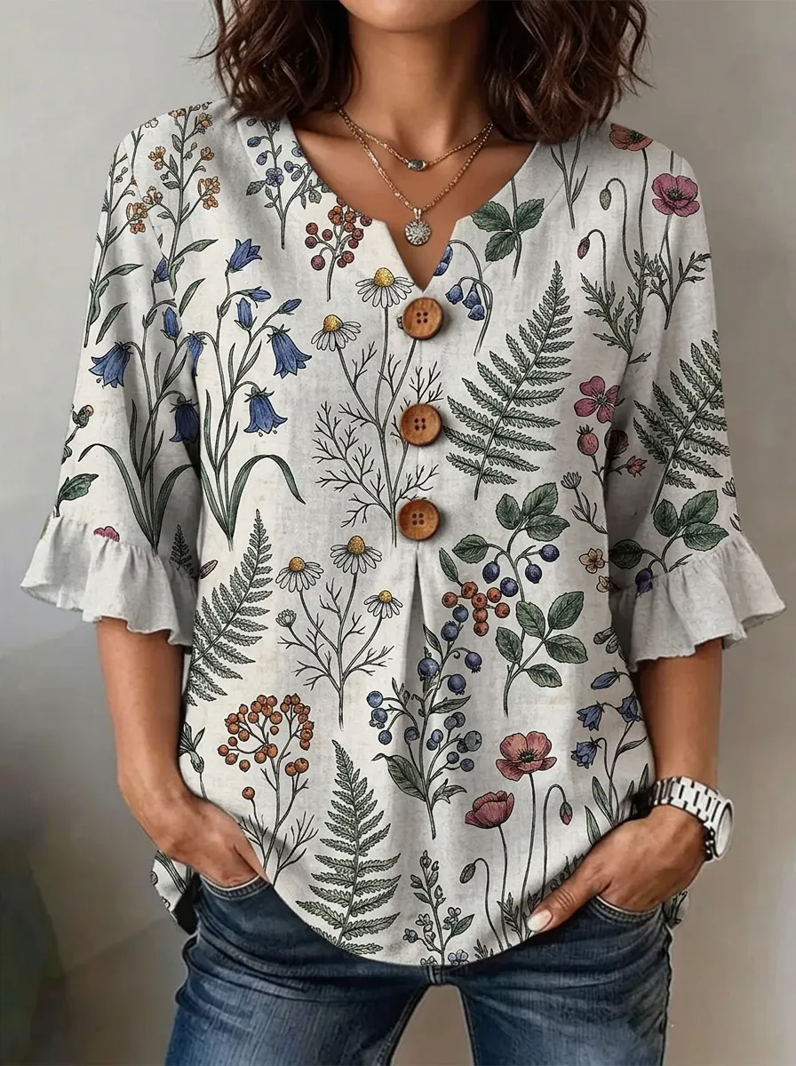Women's Nashville Botanical Wildflower Printed V-Neck Top