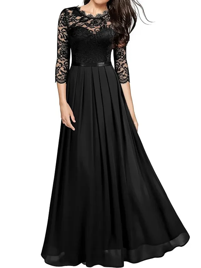 Women‘s Black Dress Prom Dress Black Lace Dress Party Dress Long Dress Maxi Dress Green 3/4 Length Sleeve Spring Fall Crew Neck Fashion