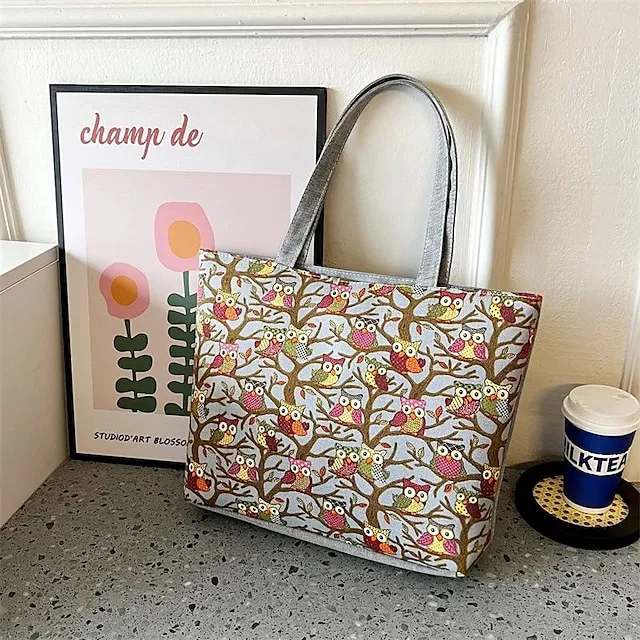 Women's Tote Shoulder Bag Canvas Tote Bag Canvas Shopping Daily Zipper Large Capacity Foldable Lightweight Striped Patchwork Folk Red stripes Red square Black square