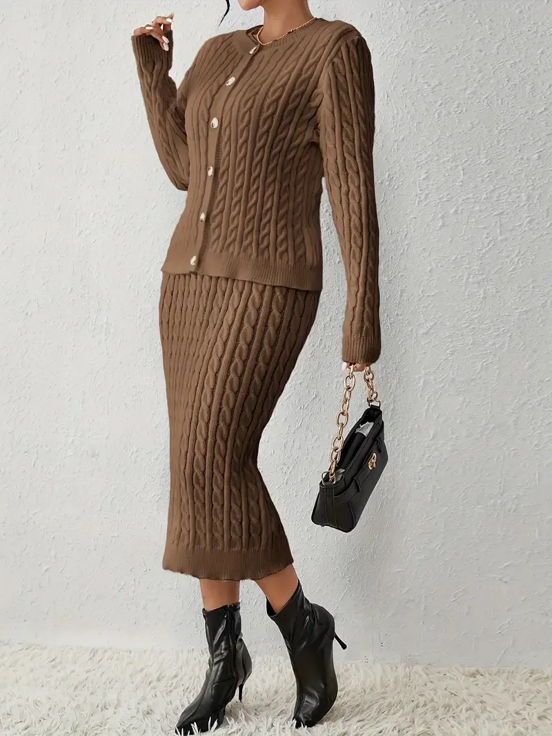 able Knit Solid Two-piece Set, Button Front Long Sleeve Tops & Crew Neck Sleeveless Dress Outfits - Cozy & Stylish - For Women - Perfect for Fall/Winter - Ideal Gift for Fashionable Ladies