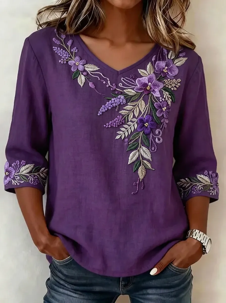 Women's Nashville Floral Embroidery Printed V-Neck Top