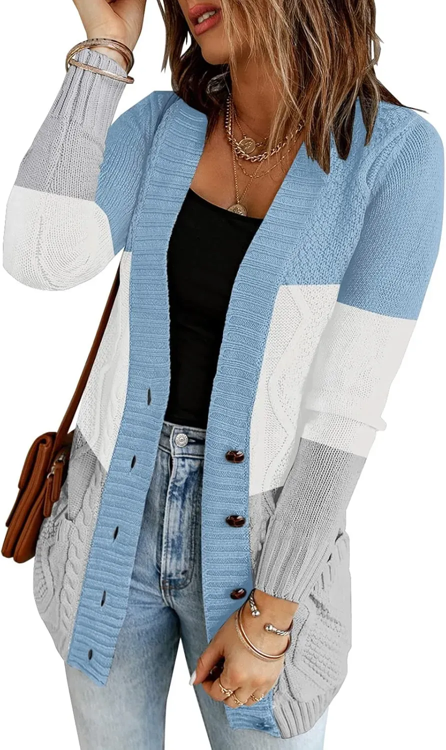 Womens Long Sleeve Open Front Buttons Cable Knit Pocket Sweater Cardigan