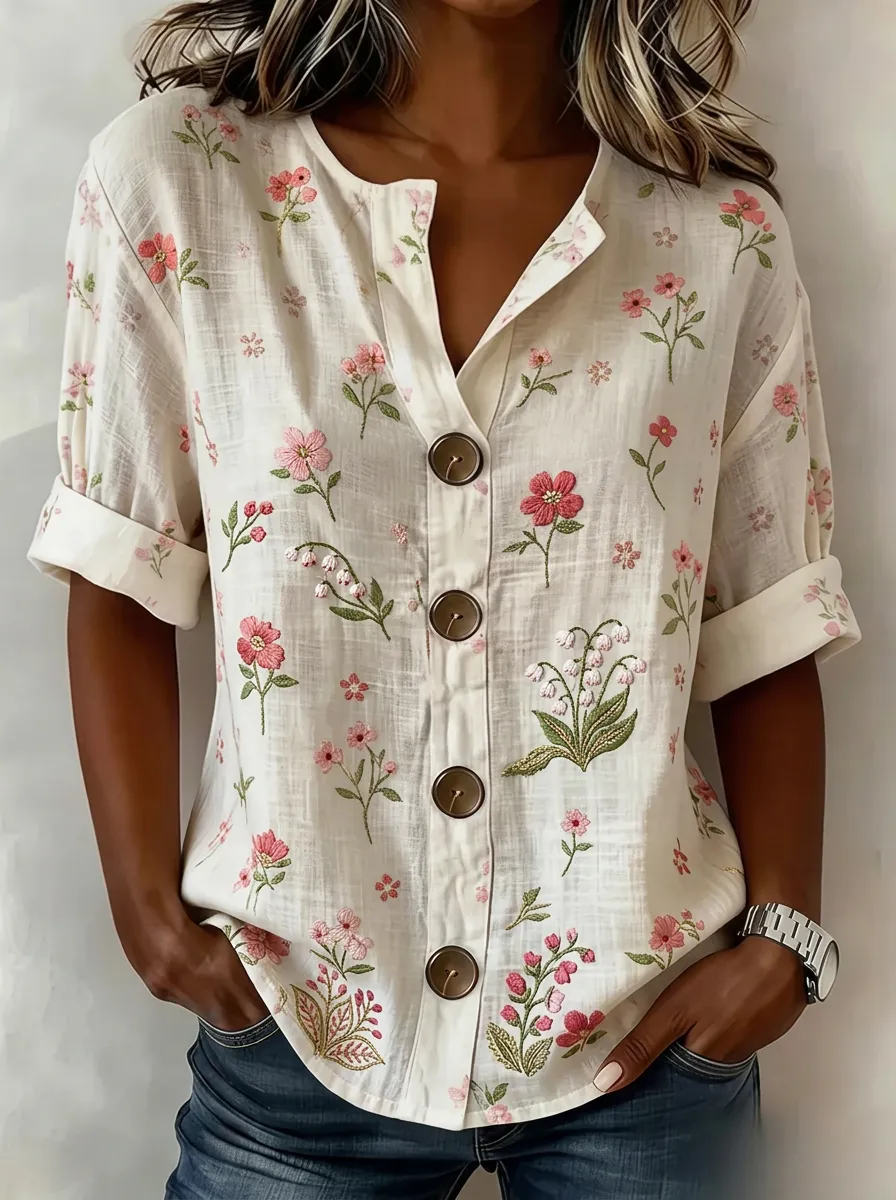Women's Nashville Floral Embroidery Printed Button-down Shirt