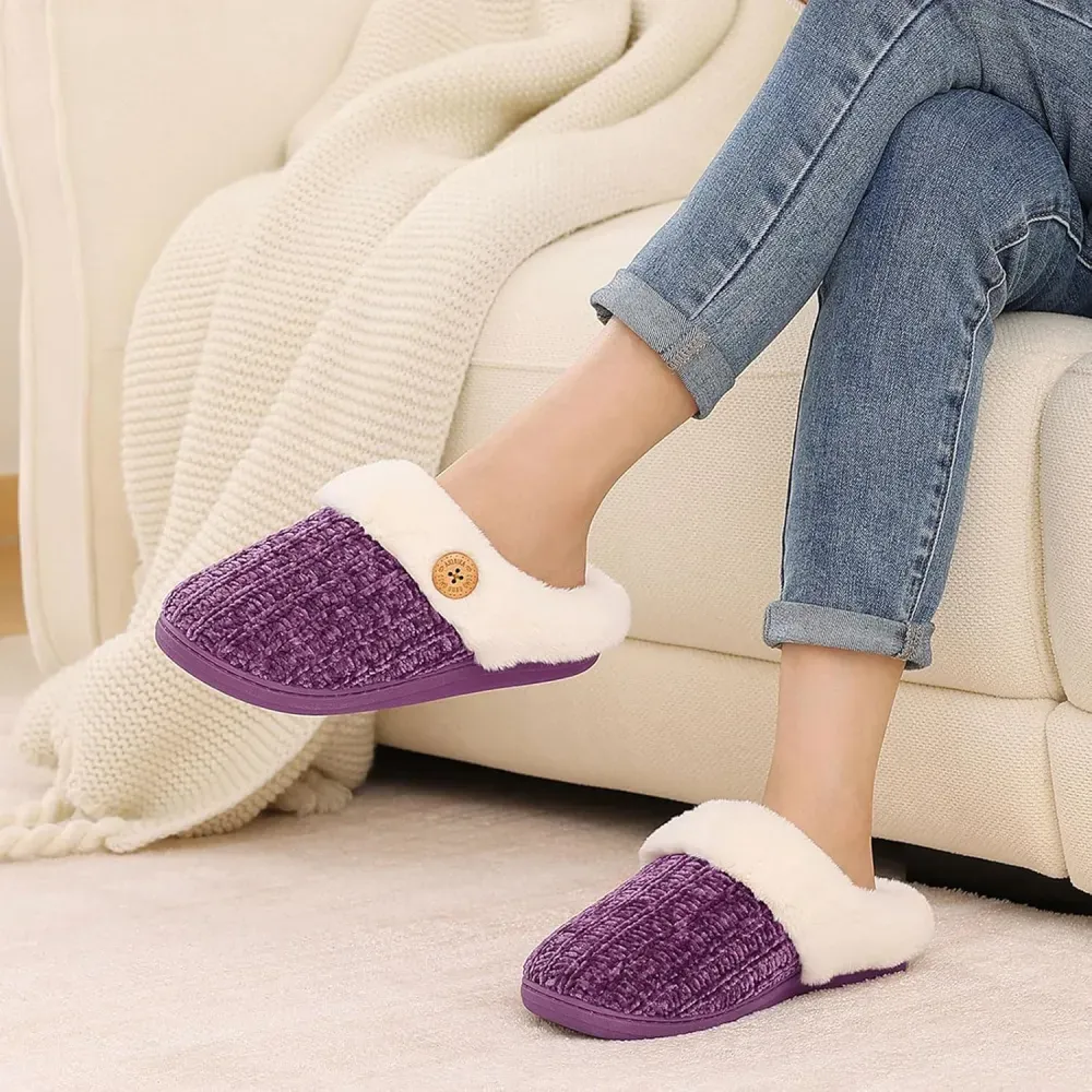 Warm Knit House Slippers for Women Comfy Wool-Like Lined Chenille Slippers with Memory Foam and Indoor Outdoor Soles