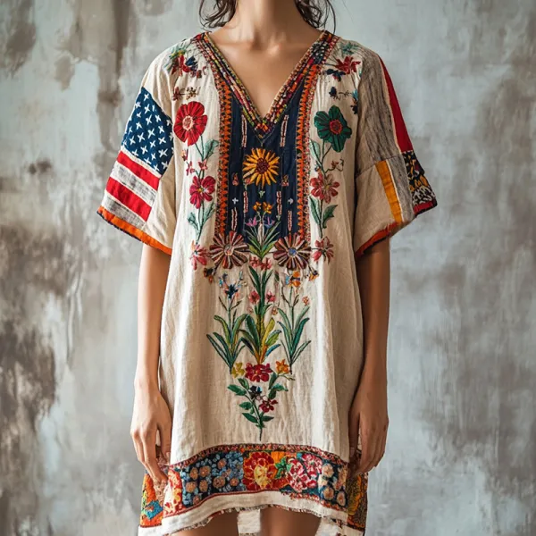 Women's Boho Independence Day Flag Floral Art V Neck Midi Dress
