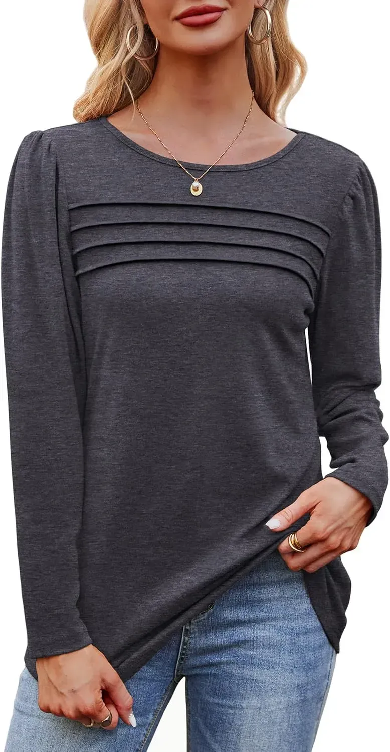 OFEEFAN Long Sleeve Shirts for Women Fall Fashion 2024 Dressy Casual Blouses Trendy Pleated Tunic Tops for Leggings