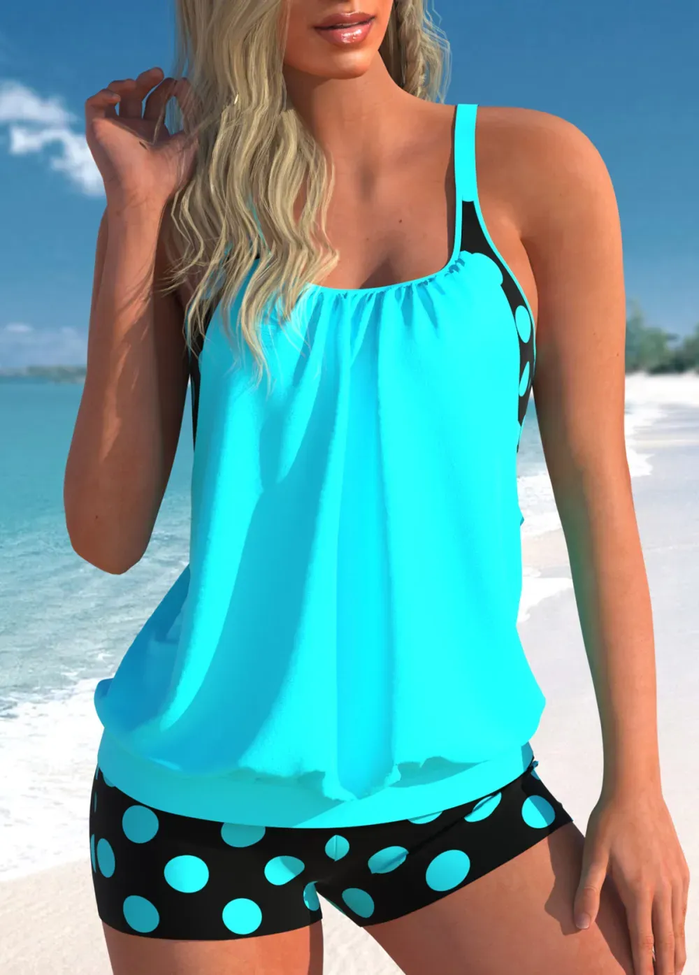 Fake 2in1 Polka Dot Cyan Tankini Top