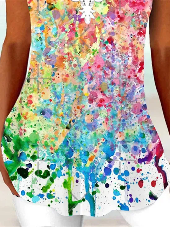 Women Sleeveless Scoop Neck Tie Dye Printed Lace Top