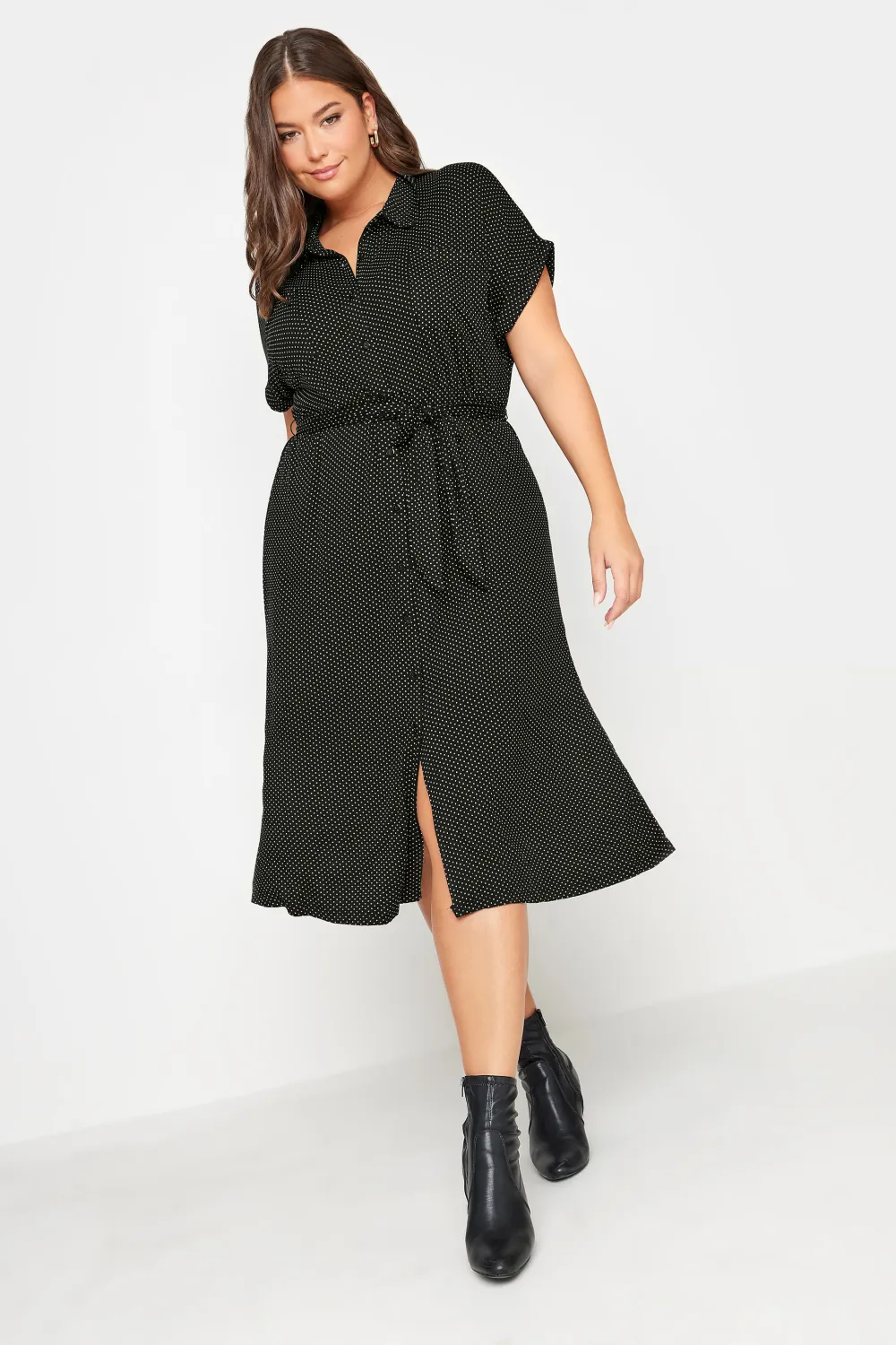 YOURS Curve Black Polka Dot Print Spilt Hem Midaxi Shirt Dress