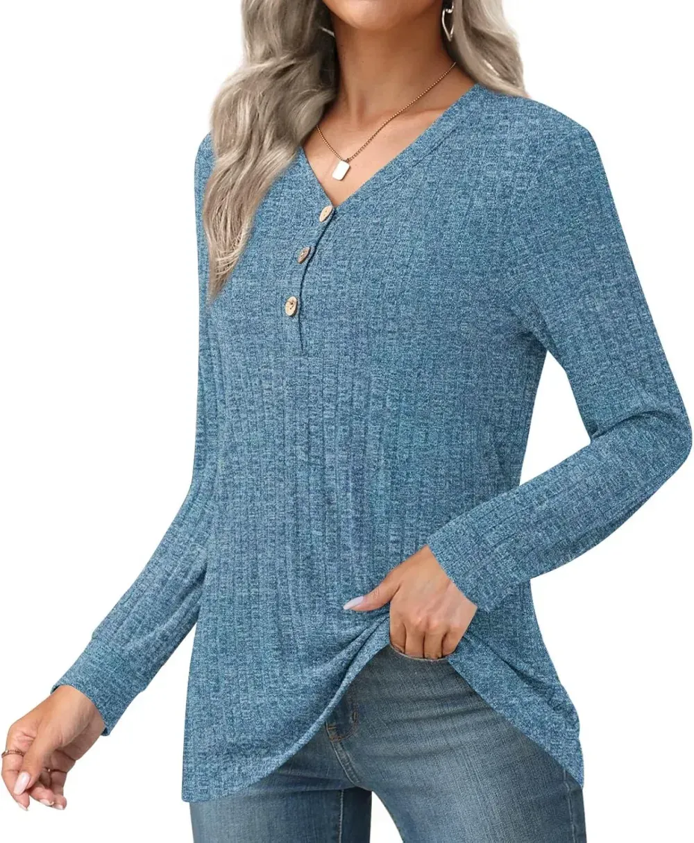 HOTGIFT Womens 2024 Fall Winter Tunic Tops Long Sleeve Casual T-Shirts Soft Comfy Stripe Blouse Lightweight