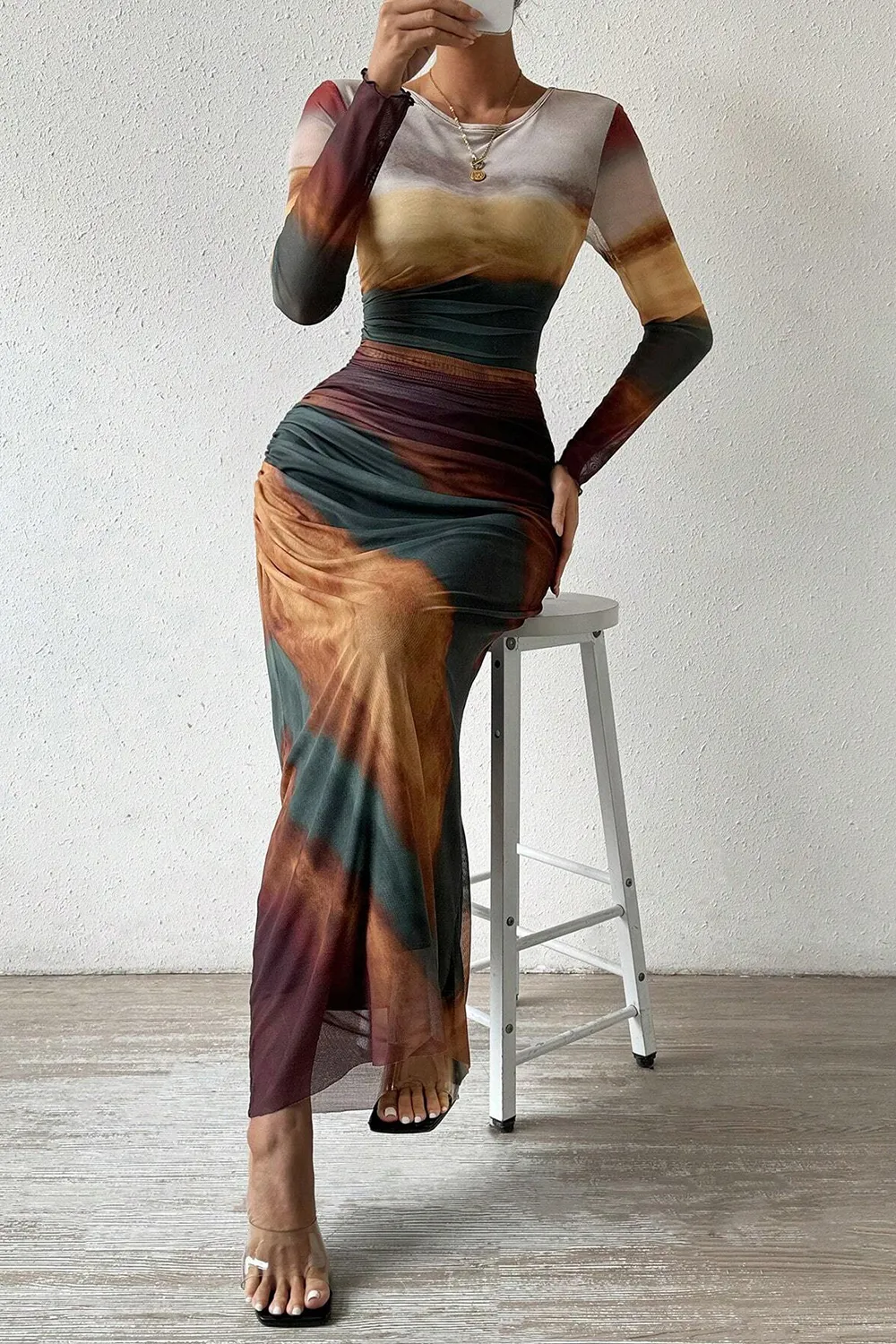 Women's Tie Dye Long Sleeve Pleated Dress Multicolor