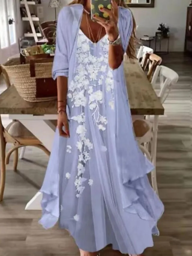 Women's Casual Dress Dress Set Two Piece Dress Long Dress Maxi Dress Purple Brown Green Half Sleeve Flower Print Summer Spring V Neck Fashion Vacation 2023 S M L XL XXL 3XL