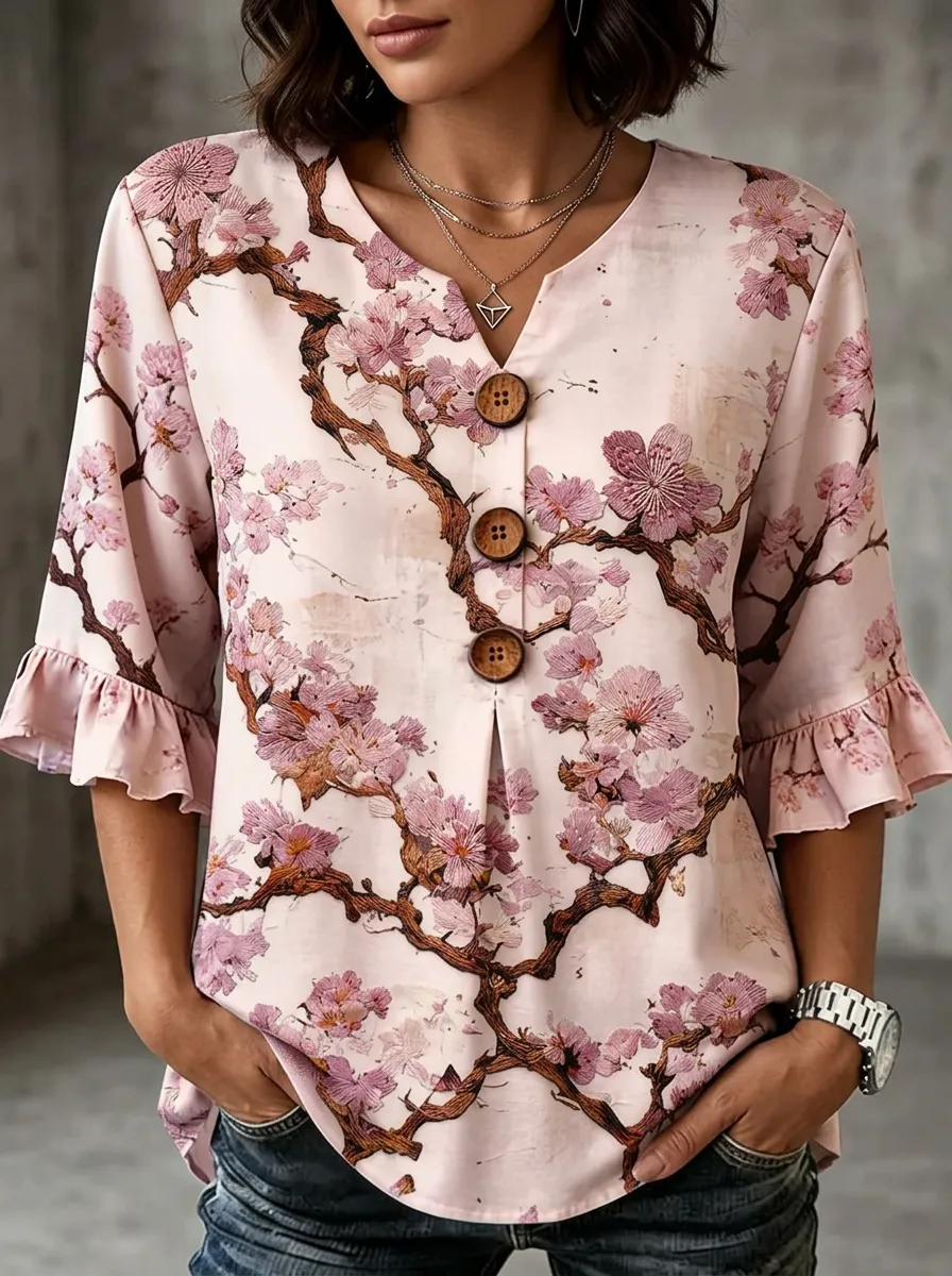 Women's Nashville Cherry Blossom Floral Printed V-Neck Blouse