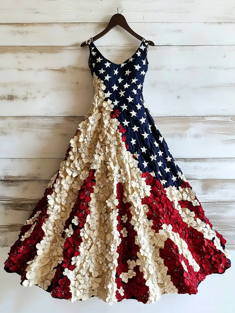 Women's Vintage Independence Day Flowers Art Linen Midi Dress