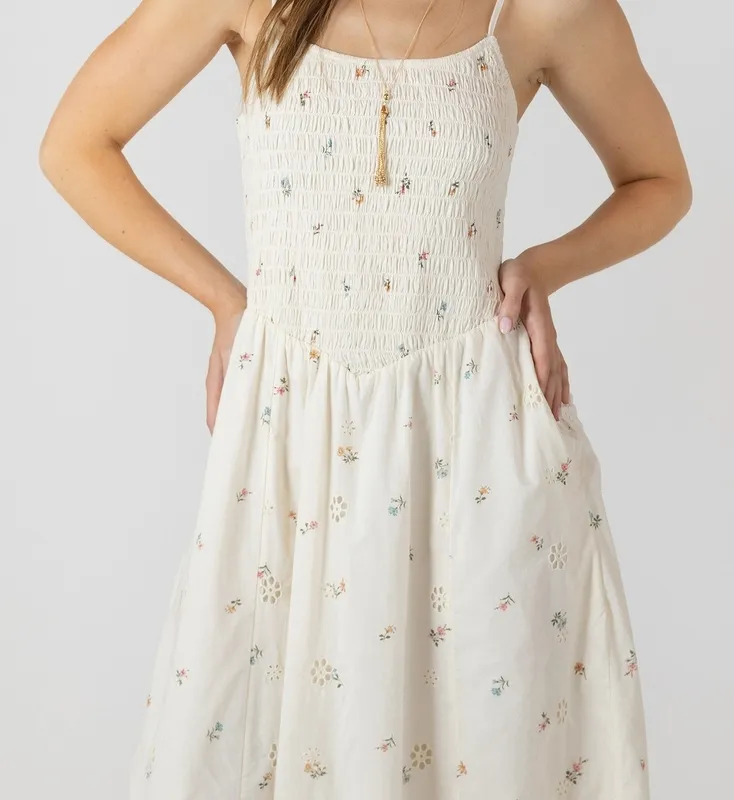 Smocked Front Sleeveless Midi Dress