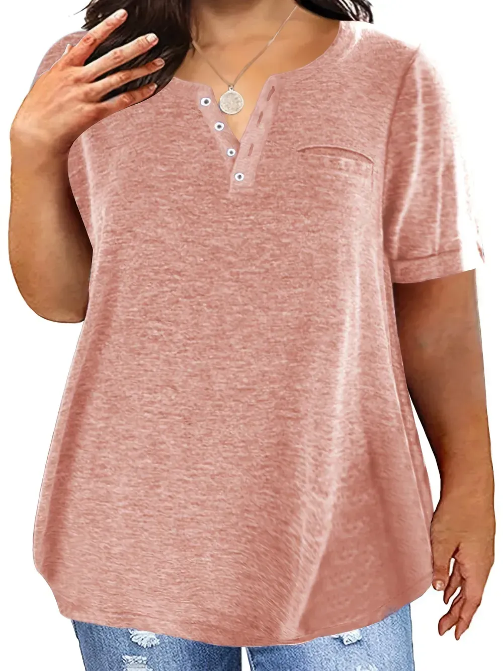 Plus Size Button Front Short Sleeve T-shirt, Women's Plus Slight Stretch Casual Tee