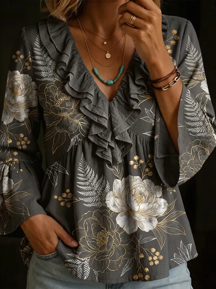 Women's Nashville Floral Fern Printed Ruffle V-Neck Top