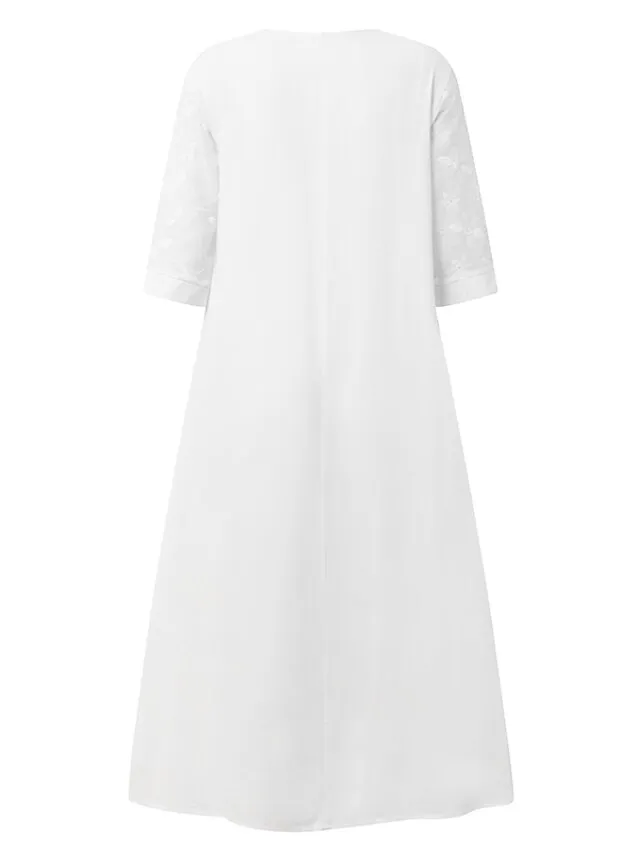 Women's Cotton Linen Dress Casual Dress Midi Dress Cotton Casual Mature Outdoor Daily Vacation V Neck Ruched Pocket Half Sleeve Summer Spring Fall 2023 Loose Fit White Blue Green Plain S M L XL 2XL