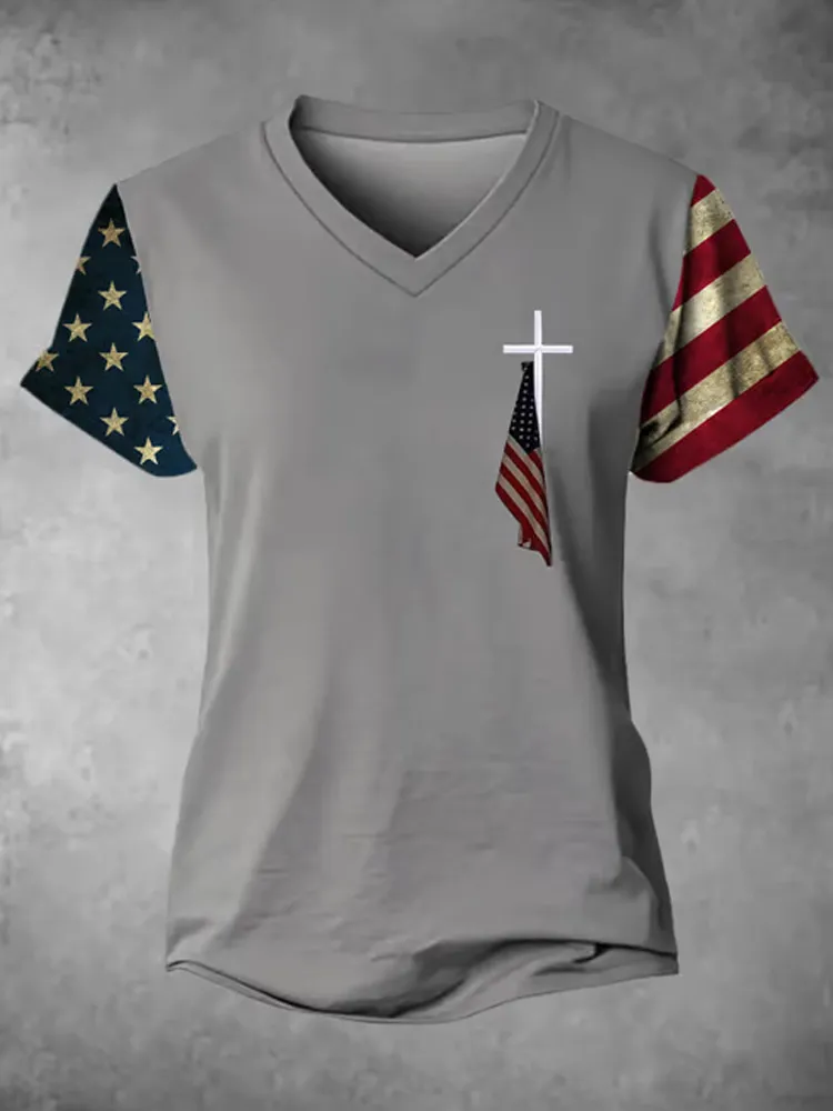 Women's Flag Cross Print V-neck T-shirt