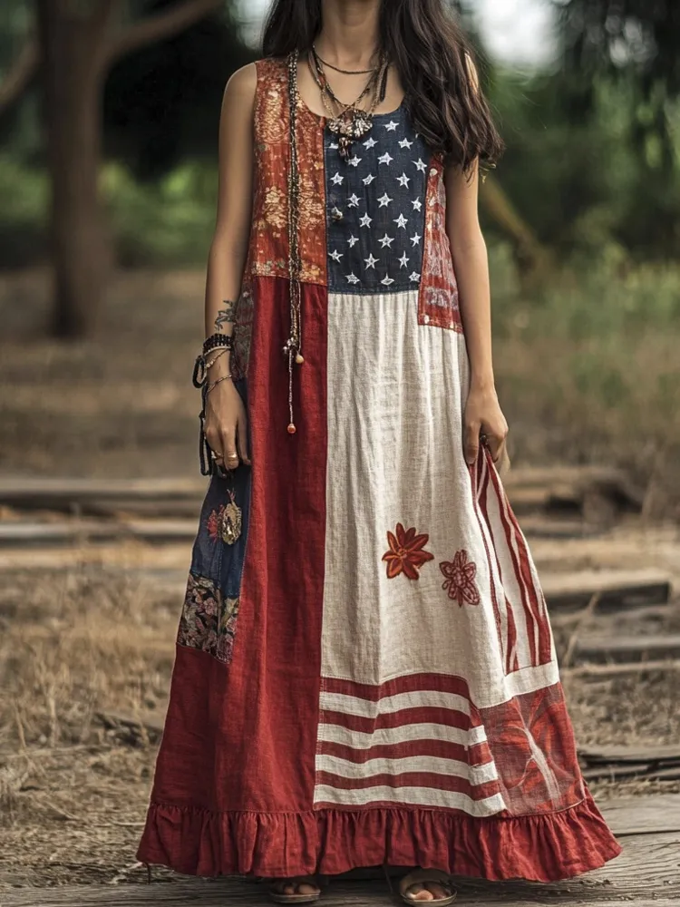 Independence Day Vintage Boho Floral Women's Linen Vest Dress