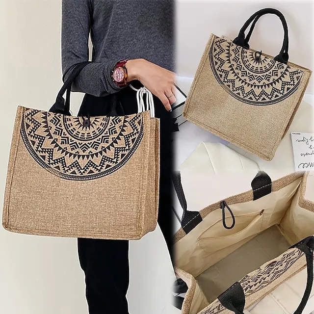 Women's Handbag Tote Linen Shopping Daily Buckle Large Capacity Foldable Lightweight Solid Color Folk khaki