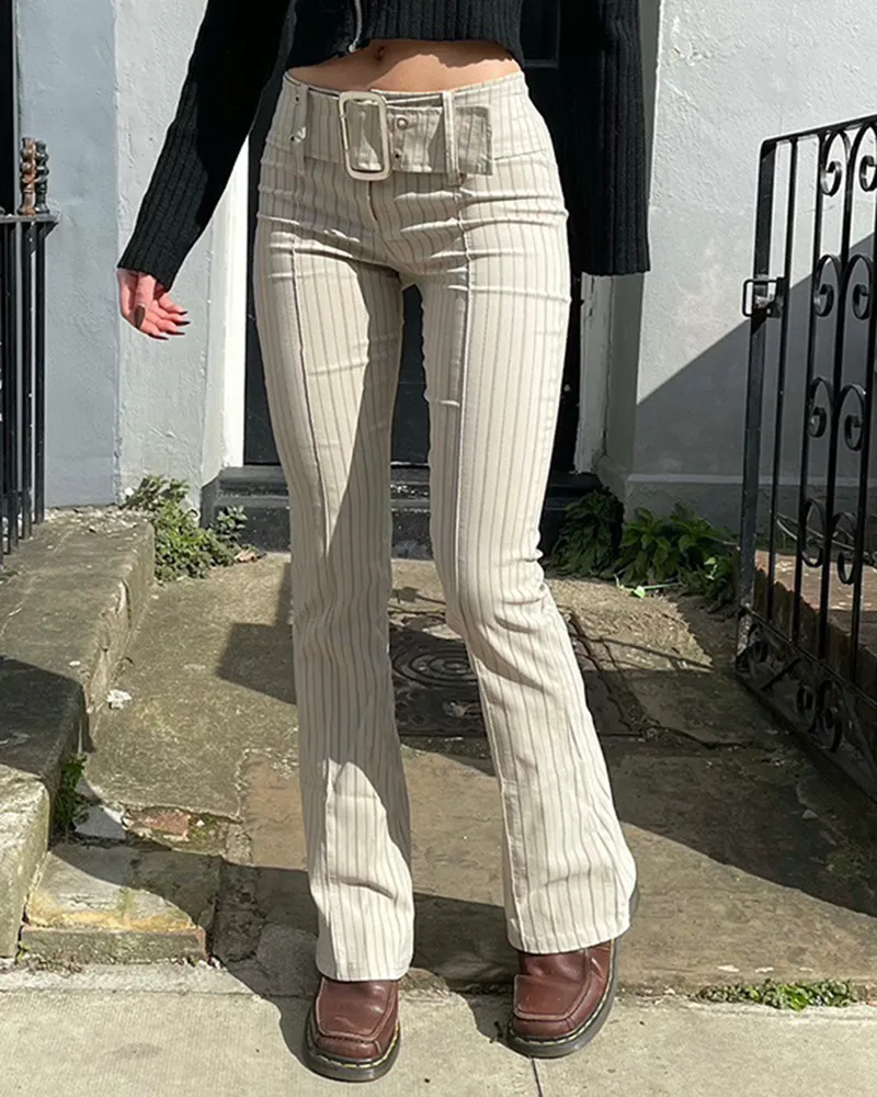 Striped Seam Front Buckle Belted Zip Up Flare Pants