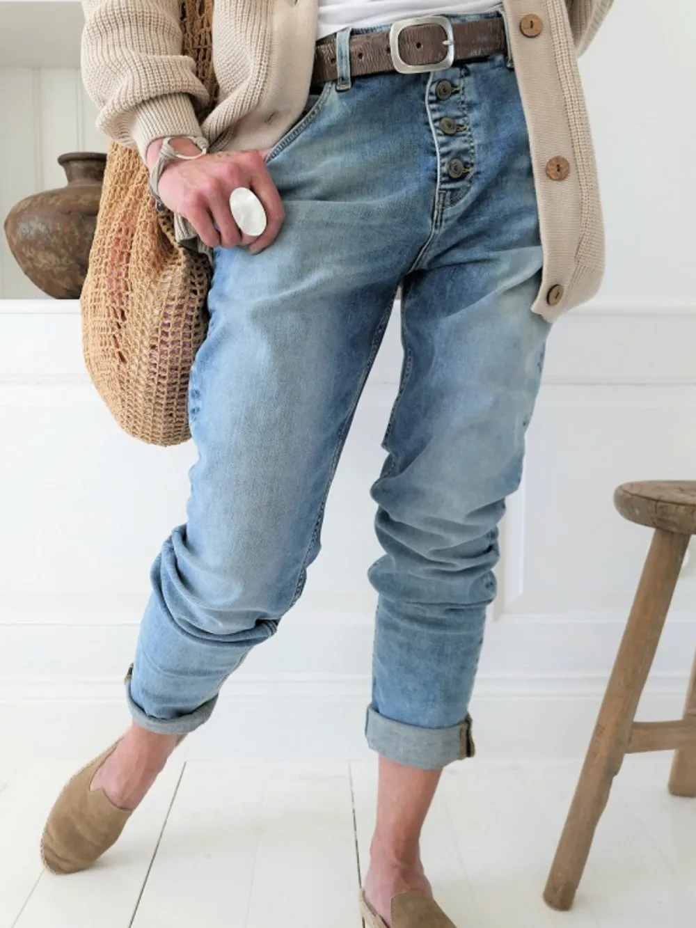 Loose Buttons Pockets Mid Waist Polyester Jeans Pants