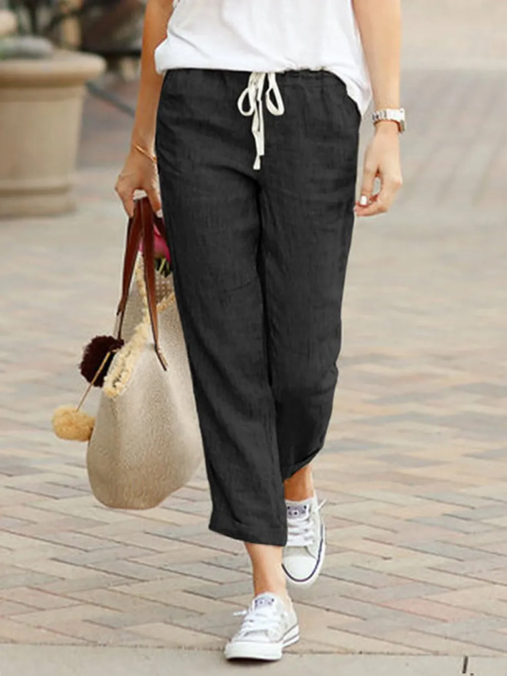 Women's Casual Elastic Waist Cropped Pants
