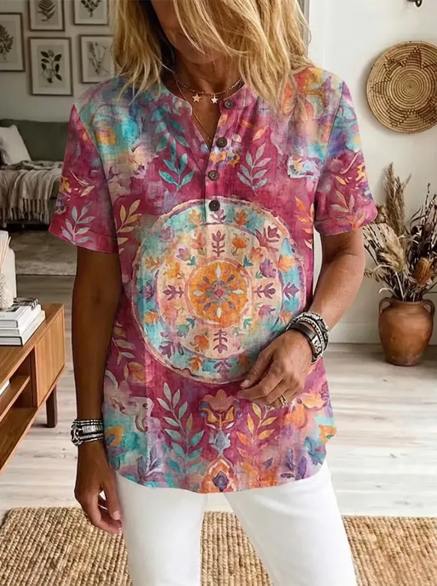 Women's Nashville Bohemian Mandala Printed Henley Shirt