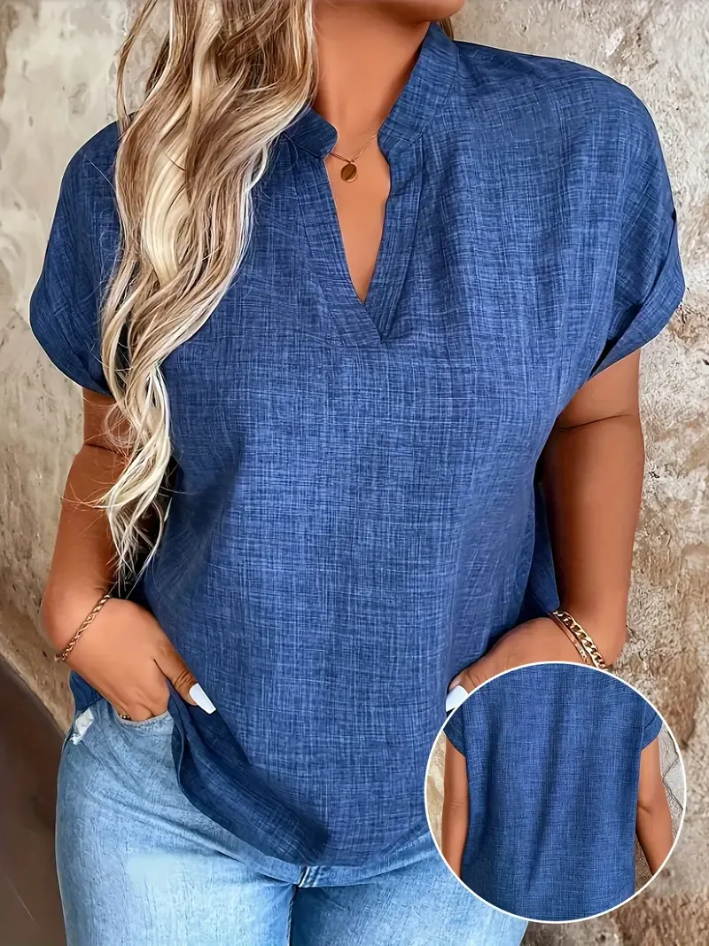 Women's Elegant Blue Notched V-Neck Blouse with Batwing Sleeves - Polyester, Machine Washable, Perfect for Spring/Summer Fashion, Casual Summer Wear|Elegant Vneck Blouse|Polyester Fabric